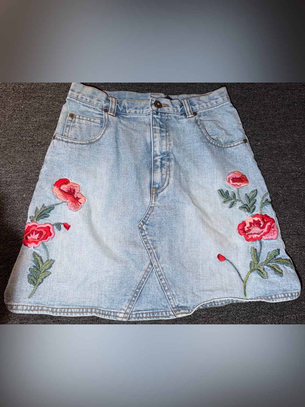 GAP Light Blue Denim Skirt with Red Floral Embroidery